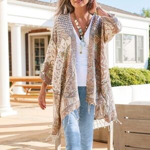 Soft Surroundings Sequined Embroidered Open Front Brown Chaucer Topper Size L/XL